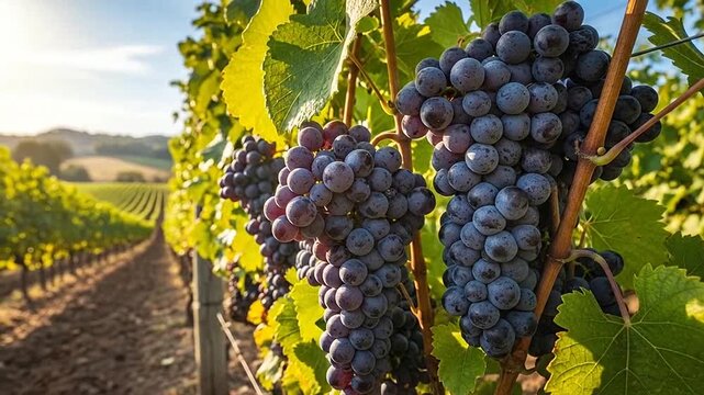 Clusters of ripe dark grapes hang on vines in a sunny vineyard