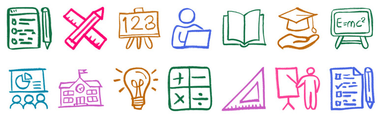 Education Related Icons Crayon Chalk Drawing Doodle Vector Set © Grunge Designs