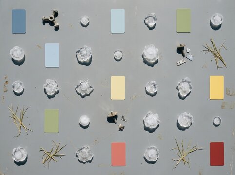 Collection of clear hailstones and meteorology tools on a gray field board, showing storm formation evidence for science and weather research