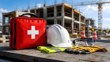 Fototapeta premium Close up of bright red emergency first aid bag and protective worker helmet placed on wooden surface over building plans at busy industrial civil engineering construction location