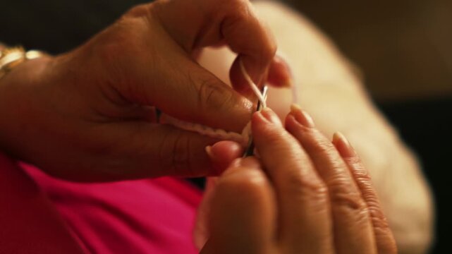 Woman's hands crocheting white yarn top view.