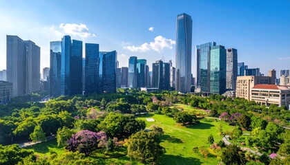 Fototapeta premium Cityscape showing skyscrapers rising above a park with trees, blue sky