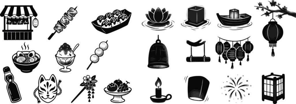 Japanese Summer Festival Elements and Traditional Street Food Doodle Icon Set
