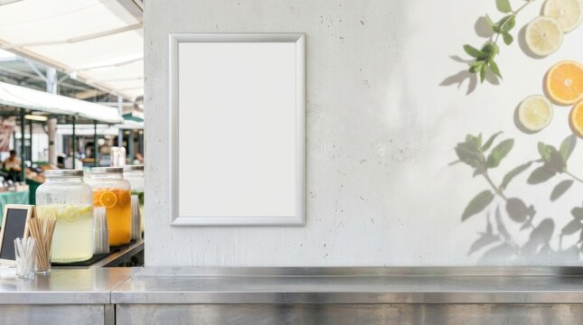 Empty vertical poster frame mockup on a white wall at a juice market stall for refreshing summer drink menu and advertising copy space