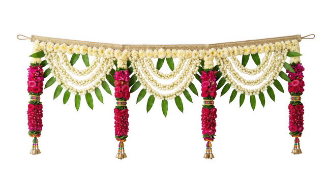 Decorative floral door hanging toran with jasmine and roses isolated on transparent background