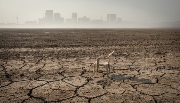 A parched and cracked reservoir bed sits under a hazy industrial skyline with an abandoned plastic chair for climate change and drought concepts