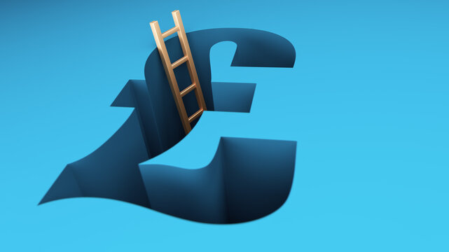 Business Finance Concept: British Pound Currency Symbol With Wooden Ladder Leading Into a Hole