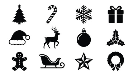Christmas icon silhouette set tree candy cane snowflake gift Santa hat reindeer ornament wreath black white vector illustration festive holiday design projects © Stockify