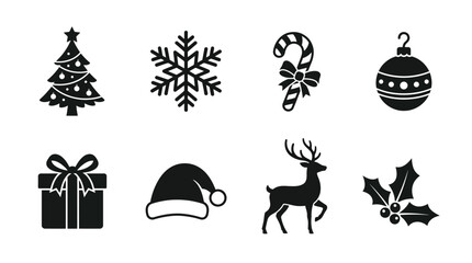 Christmas icon silhouette set tree candy cane snowflake gift Santa hat reindeer ornament wreath black white vector illustration festive holiday design projects © Stockify