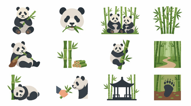 Giant panda and bamboo forest halftone icons