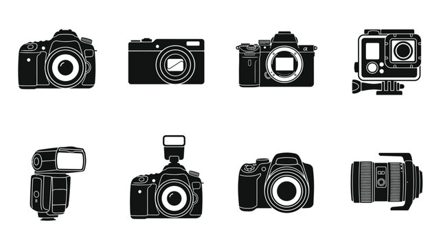 Camera icon silhouette set DSLR mirrorless compact action photography equipment lens flash black white vector illustration technology design for creative projects