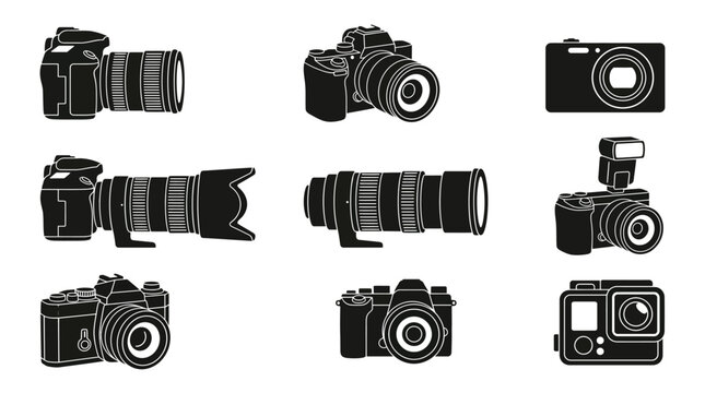 Camera icon silhouette set DSLR mirrorless compact action photography equipment lens flash black white vector illustration technology design for creative projects