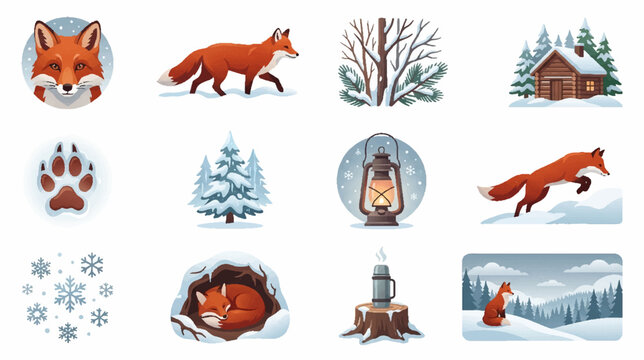 Red fox character set in different wild poses and actions