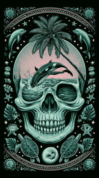 Skull with Palm Tree Silhouette in Ornate Dark Circular Frame Vintage Style