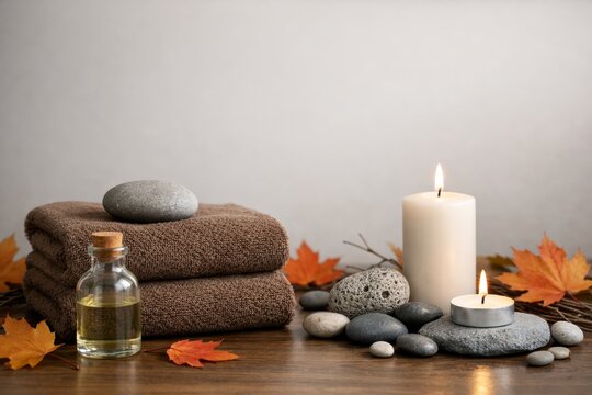 Autumn spa retreat scene with towels, stones, candles and leaves. Ai generative