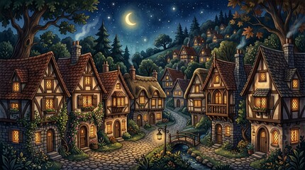 Obraz premium Cozy medieval village at night with glowing windows under a moonlit sky