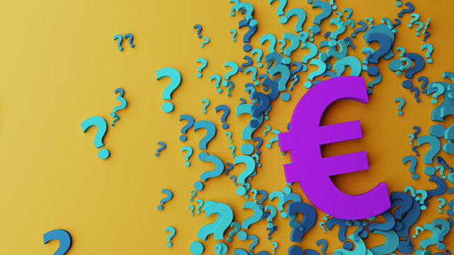 Purple Euro Symbol Surrounded by Question Marks Representing Currency Uncertainty and Economic Risk