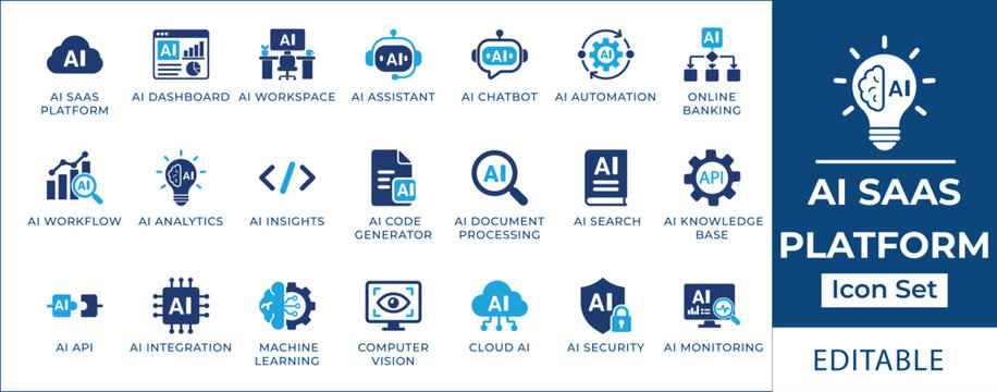 AI SaaS platform icon set featuring artificial intelligence chatbot assistant, machine learning cloud data, api integration, neural network code, and tech analytics symbols