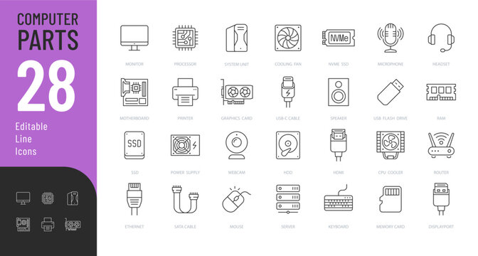 Computer Parts Line Editable Icons set. Vector illustration in a modern thin line style of technology related icons: hardware, monitor, keyboard, and more. Isolated on transparent background.