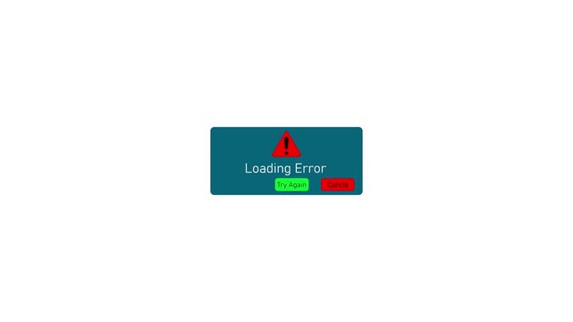 Digital loading error notification pop-up with try again and cancel buttons on white background, connection failed