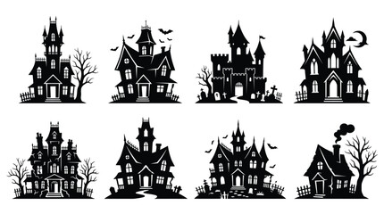 Fototapeta premium Haunted house silhouette set gothic spooky architecture bats trees chimneys black white vector illustration Halloween horror design creepy building artwork for projects