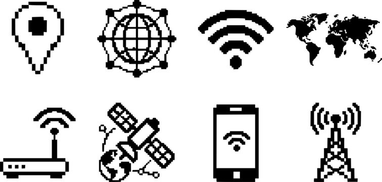 Set of 8 pixel art location, global network, wi-fi, world map, and wireless technology icons.
