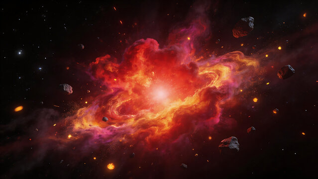 Cosmic nebula with asteroids