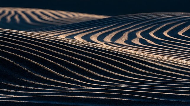 Dramatic close up of rippled sand dunes illuminated by low angle sunlight casting sharp contrasting shadows
