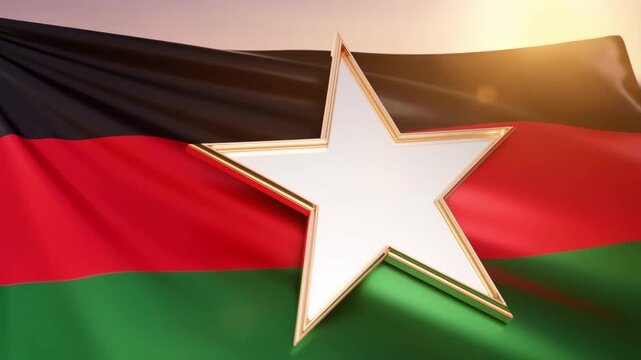Close up of a juneteenth flag with a gold star symbol and vibrant red black and green colors representing african american heritage