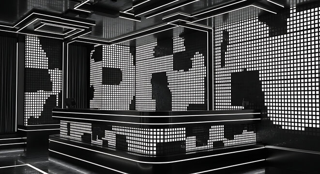 Modern black and white tv studio with led screens with featuring large LED screen futuristic set design