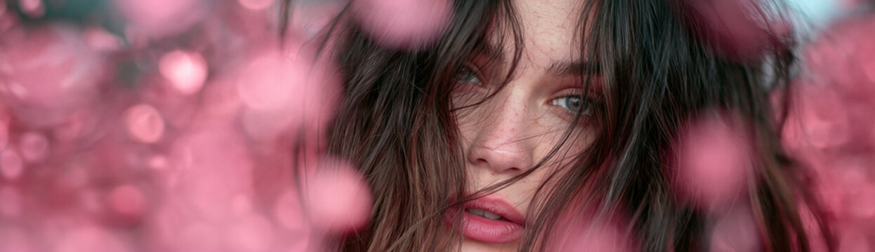 Close up portrait of woman with wet hair and raindrops in soft natural light