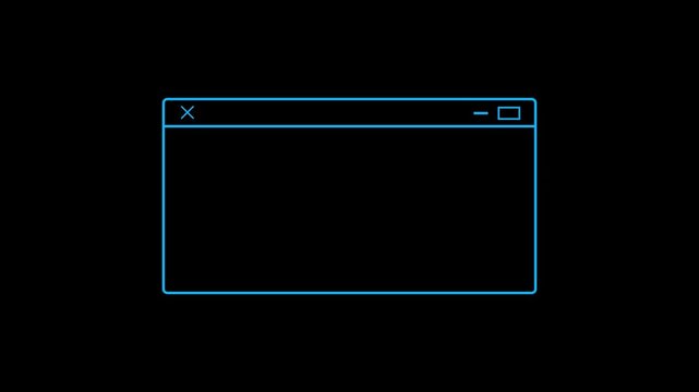 Minimalist neon blue browser window interface animation on black background, for ui ux