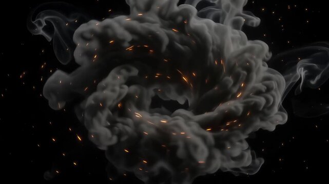 Abstract dark smoke vortex with embedded tiny glowing amber embers loop 4k