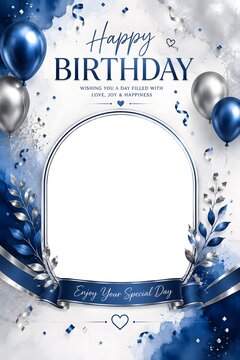 Happy birthday card with blue balloons and confetti