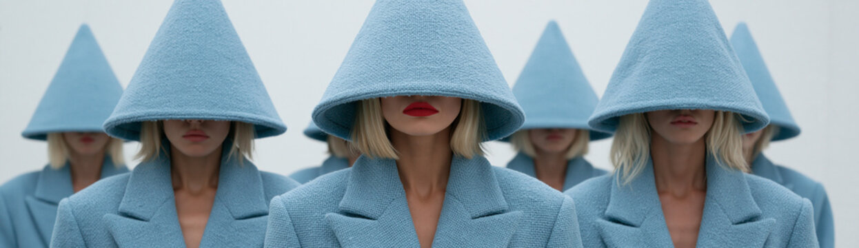 Group of women Wearing Blue Hooded Jackets and Hats in Neutral Setting