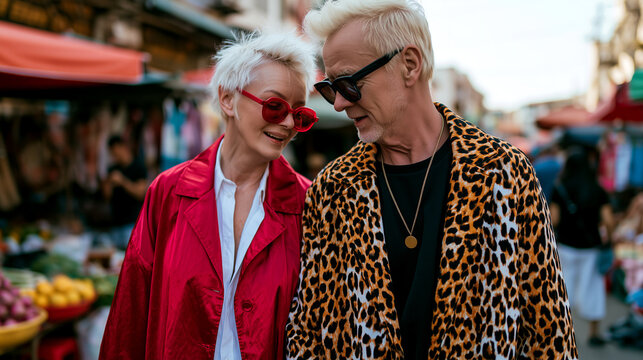 Stylish senior couple sharing intimate moment at vibrant street market. Elderly man and woman in fashionable leopard print and red coat enjoying active travel lifestyle together with sunglasses.