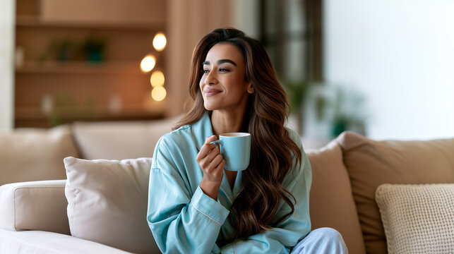 Smiling woman in blue pajamas holding warm mug on cozy sofa, relaxed morning moment at home with soft bokeh lights, comfort and contentment in living room.
