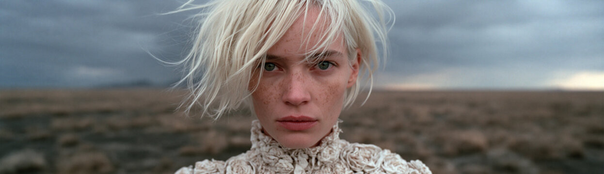 Portrait of blonde woman in lace top outdoors with windblown hair and moody sky