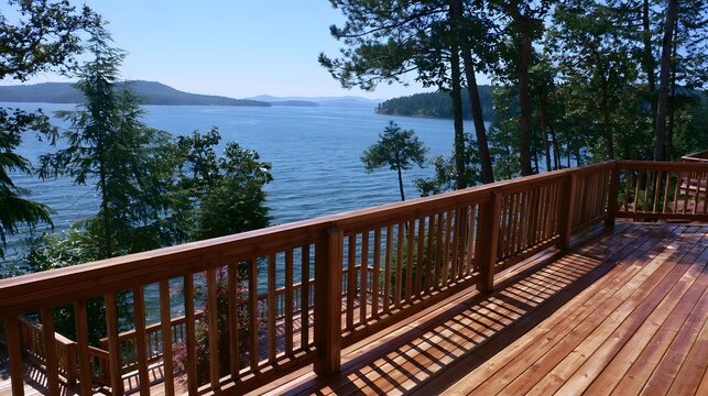 Stunning blue waterscape view from an elevated cedar wood deck, framed by lush green trees, overlooking distant islands under a clear, bright sky, evoking serenity and vacation