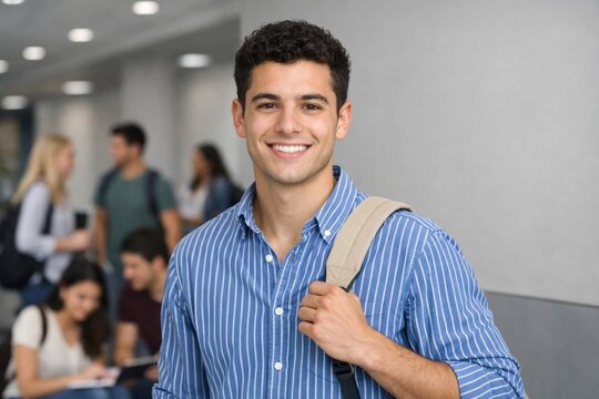 Smiling student man standing in bright academic hallway interior. Ai generative