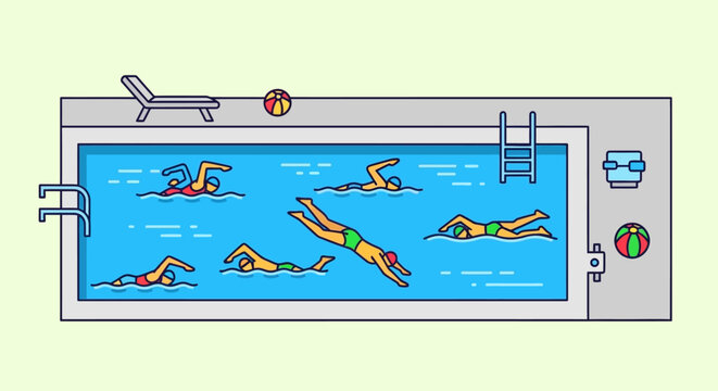 Swimmers at Outdoor Pool Flat Vector Illustration of Summer Activity
