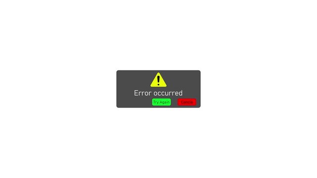 Digital error message pop-up window with warning and try again button for software ui alert notification