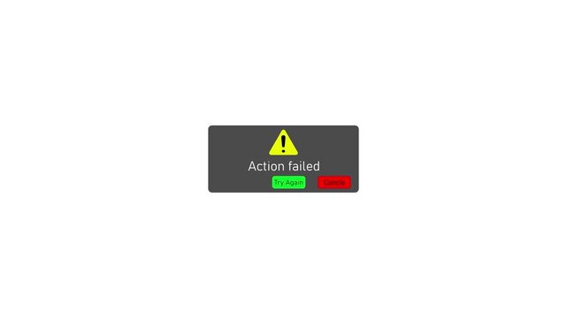Digital action failed error message pop-up notification with try again and cancel buttons on white background