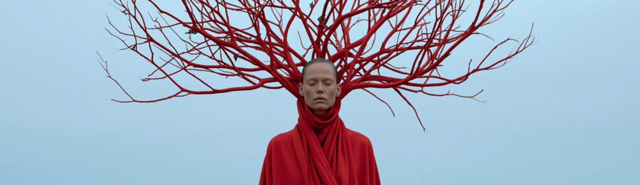 Person with Red Tree Branches Against Bright Sky Minimalist Concept