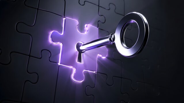 Shining silver key unlocking a radiant purple puzzle piece, symbolizing the perfect solution, innovation, and strategic business breakthrough.