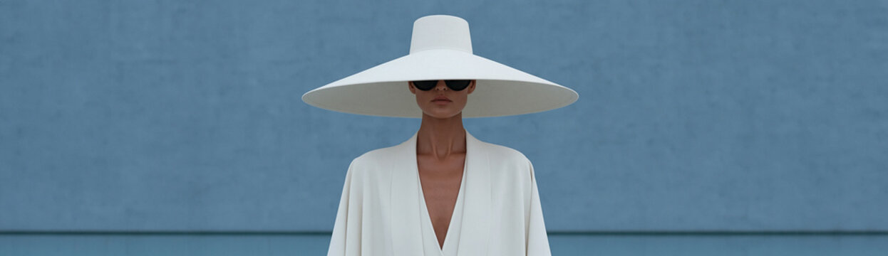 Woman Wearing Wide Brim Hat Standing Outdoors in Bright Sunlight with Serene Expression