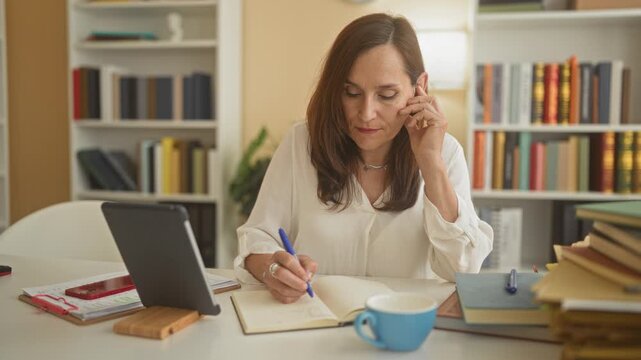 Woman writing in notebook with tablet on desk and hand holding pen in building; focused productivity.
