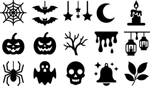 Halloween Silhouette Icon Collection With Pumpkin Ghost Bat Spider Web Skull Witch Hat Moon Candle Lantern Tree Vector Clipart Set