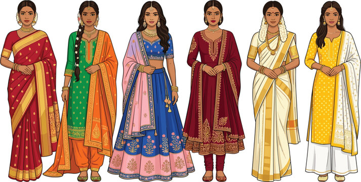 Indian Women Wearing Traditional Outfits Vector Illustration Set Featuring Diverse Ethnic Dresses Like Saree, Lehenga Choli, and Salwar Kameez