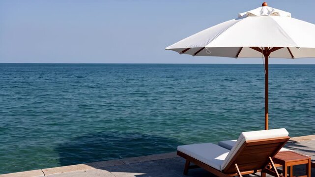 Seaside Lounge Chair Under White Umbrella.